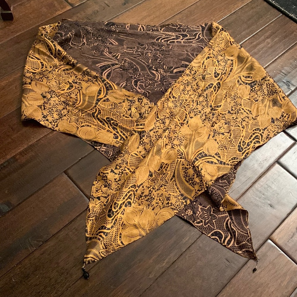 Black and gold triangular silky scarf with beads